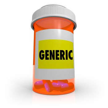 An orange prescription bottle that contains several pills has a label that reads Generic