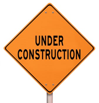 An orange diamond-shaped road sign cautions people that an area under construction lies ahead