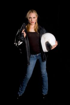 Female motorcyclist with a gun and helmet