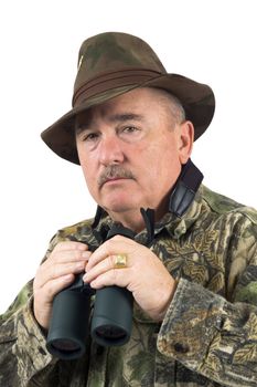 Man in camouflage clothing with binoculars on a white background