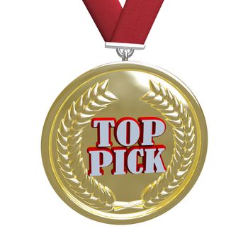 A gold medal on a red ribbon, with the words Top Pick symbolzing the chosen or favorite of several optoins