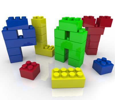 The word play created in toy building blocks, symbolizing the creativity and imagination involved in constructing a creation with educational toys