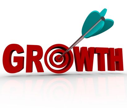 An arrow hits a target bulls-eye inside the word Growth, symbolizing the hitting of a goal for increase or improvement in business or personal life