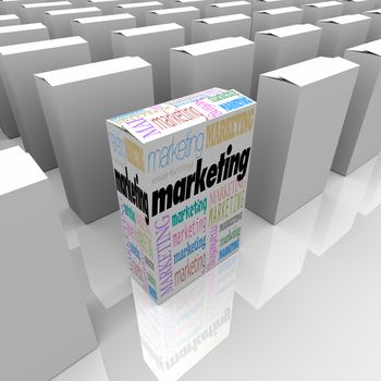 Many boxes on a store shelf, one with the word Marketing promoting its unique selling proposition