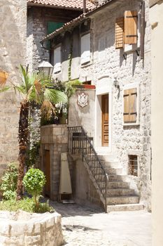Small city street in Kotor UNESCO town in Montenegro.