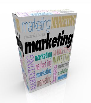 A product box with with the word Marketing calling attention to it, symbolizing the power of advertising to draw buyers when unique advantages and benefits of the merchandise is promoted