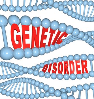 The words Genetic Disorder within strands of DNA, symbolizing the mutations in hereditary genes that cause diseases and conditions such as cancer