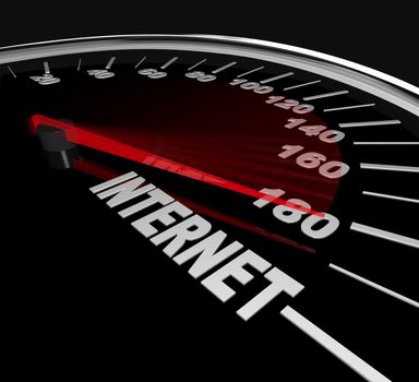 The needle on a speedometer points to the word Internet, symbolizing a high speed connection such as cable or broadband, or the increase in web traffic