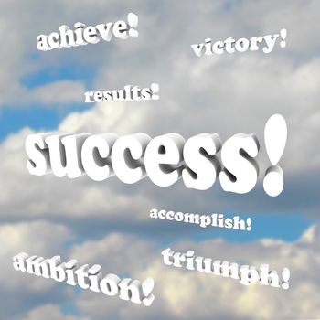 The words success, victory, ambition, accomplish and more 3d phrases against a cloudy sky
