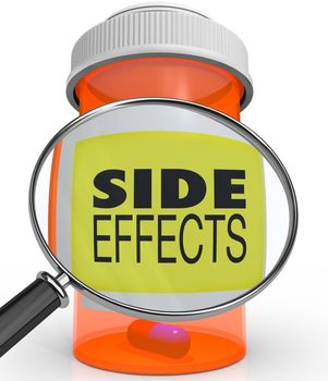 A magnifying glass on a pill bottle revealing the words Side Effects
