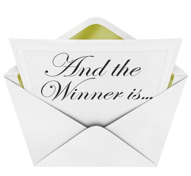 An opening envelope revealing a card containing the name of the award winner, with the words And the Winner Is...