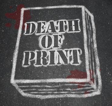 A chalk outline of a book symbolizing the death of the print industry due to the rise of new technologies like e-books and e-readers