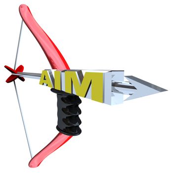 An arrow with the word Aim, pulled back on a red bow, symbolizing the importance of aiming for your goal or target to achieve success
