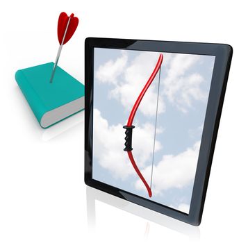 A modern tablet computer or e-reader displays a bow on its screen, having killed a traditional book by shooting an arrow into its cover
