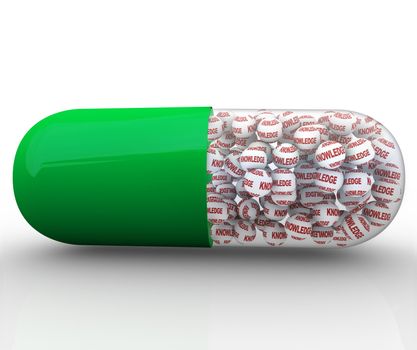 A green and translucent capsule pill filled with balls reading Knowledge, symbolizing instant intelligence gained by schooling, education or training