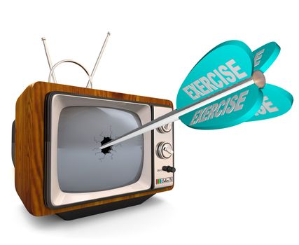 An old fashioned televisions with a broken screen hit by an arrow marked Exercise, symbolizing the need to reduce television watching and other sedentary activities and increase physical activity