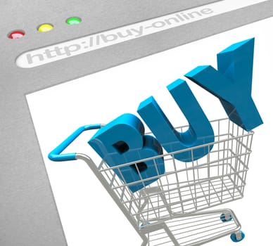 A web browser window shows the words Buy in a Shopping Cart, symbolizing the e-commerce solutions of online retailers and buying items on the web