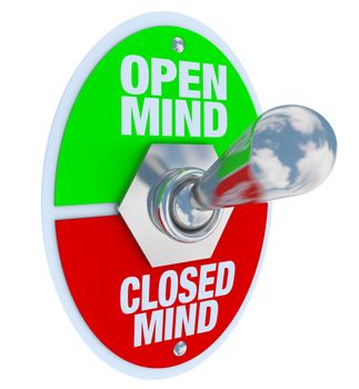 A metal toggle switch with plate reading Open Mind and Closed Mind, flipped into the Open-Minded position, symbolizing the decision to be tolerant of differences