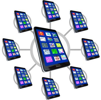 Many smart phones with apps in a communication network, representing the connections possible with mobile devices