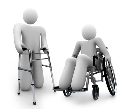 A disabled person sits in a wheelchair on white background, alongside another person with a physical handicap using a walker