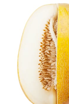 Sliced melon with many seeds over white background