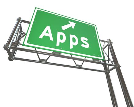 A green freeway sign with the word Apps on it, symbolizing an application marketplace or store for software for mobile devices like phones and computers