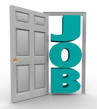 A doorway opens to reveal the word Job, representing a successful search for employment and landing a position
