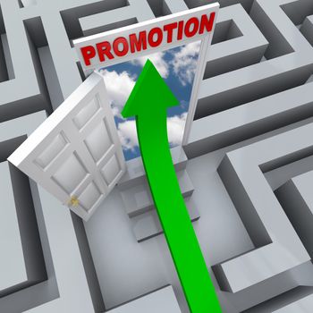 An arrow shoots through a maze to find an open door to a promotion, symbolizing career success