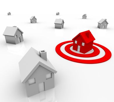 One red house stands out in a neighborhood of white homes, sitting in a red target bullseye, symbolizing demographics and population in target marketing