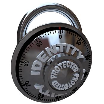 A combination lock with the words Identity Protection, symbolizing the danger and risk of not securing your personal identification and other sensitive materials and documents