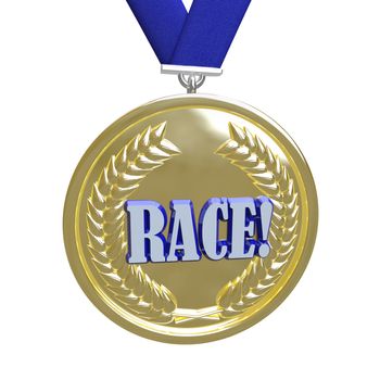 A race gold medal on a blue ribbon, the reward which goes to the fastest runner or racer