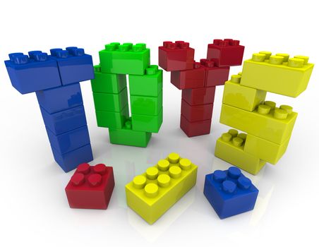 Several colorful bricks spell out the word Toys