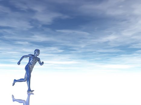 sculpture man runs under cloudy blue sky - 3d illustration