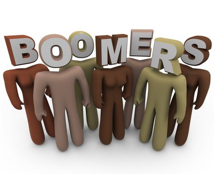 Several people of different colors with letters for heads spelling the word Boomers