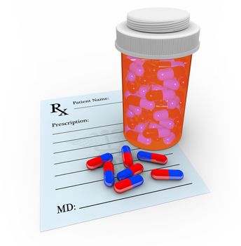 A medicine bottle with several pills outside of it, sitting on a blank prescription note