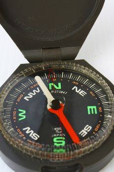A black compass with red needle showing all the 8 directions.