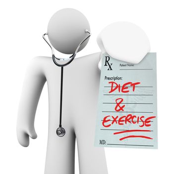 A doctor holds a prescription with the words Diet and Exercise written on it, symbolizing preventative living and a healthy lifestyle