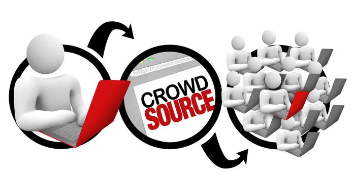 A diagram of a person initiating a projct on a laptop, and outsourcing it to a large community of contributors who crowd source together on it to reach the desired results