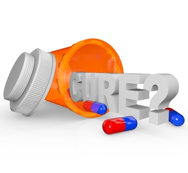 An open prescription medicine bottle on its side and spilled, with the word Cure and question mark