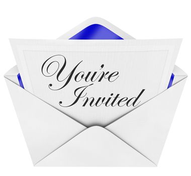 An opening envelope revealing a formal invitation to a special party or event, with the cursive hand-written words You're Invited