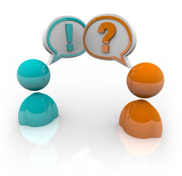 Two people with speech bubbles - one with a question mark and another with an exclamation point, symbolizing the difference in opinion and viewpoints