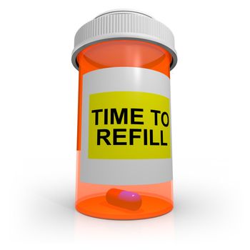 An orange prescription bottle that contains just one pill has a label that reads Time to Refill