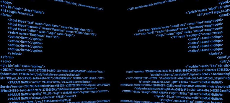 Blue Html code text with black background