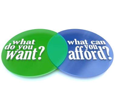 A Venn diagram of two intersecting circles, one marked What Do You Want and the other What Can You Afford, symbolizing the tough spending decisions that must be made when keeping within a financial budget