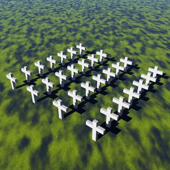 Aerial view of many white crosses in a green grassland