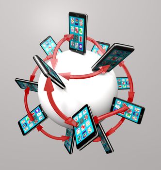 Many modern smart phones with apps on their touch screens around a global communication network, connected by arrows symbolizing networking