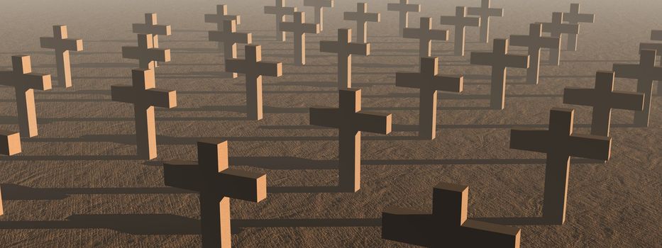 Many crosses in a cemetery by sunset light