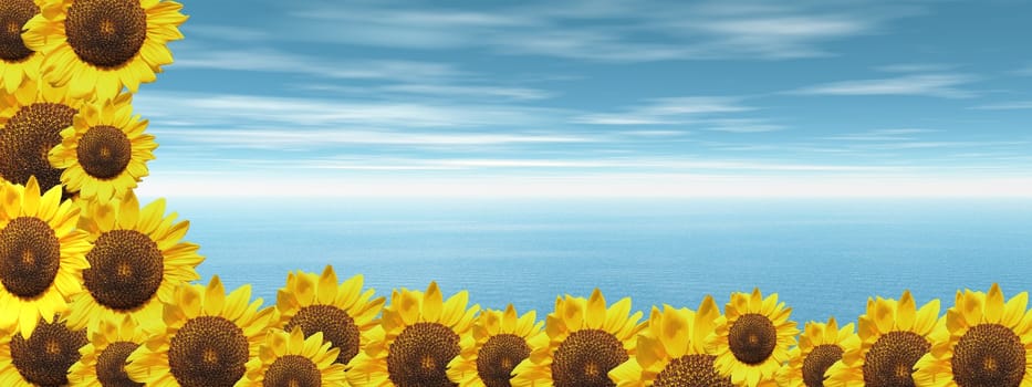 Background of cloudy blue sky and ocean with lots of sunflowers down and on the left side