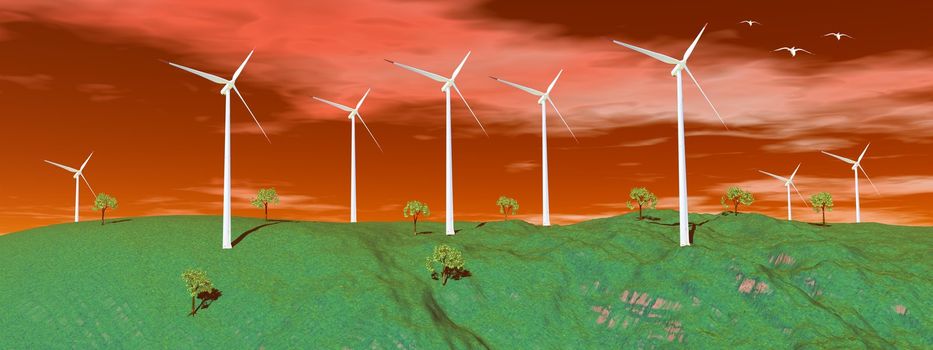 Birds flying upon wind turbines on a green hill with trees and red sky
