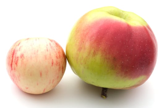 Two ripe apples on a white background. A close up.